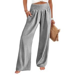 Black Striped Gingham Palazzo Pants High Waisted Wide Leg Lounge Pants